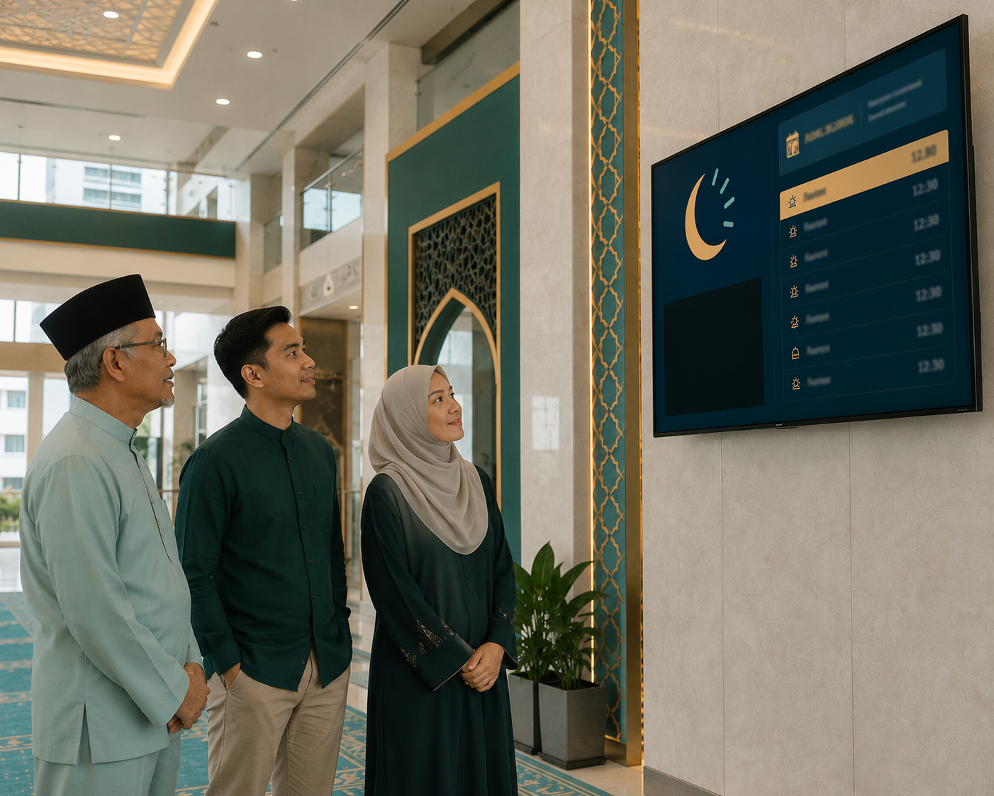 A family viewing an Awqōt display together in a mosque hall