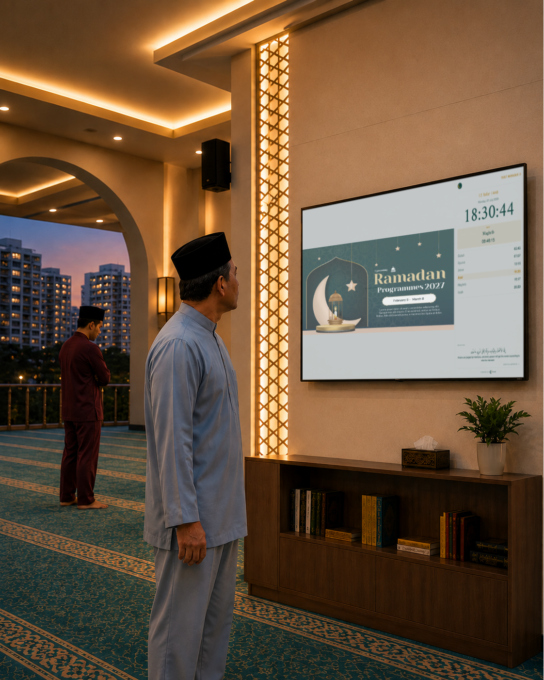 An Awqōt display mounted in a mosque hall, showing prayer times and an announcement slide
