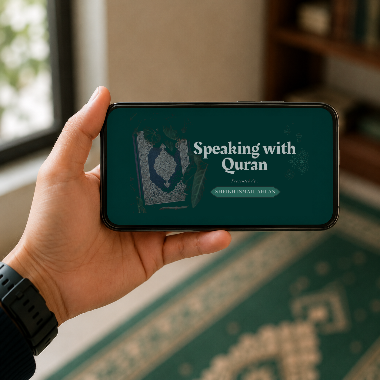 A hand holding a phone showing an Awqōt announcement slide