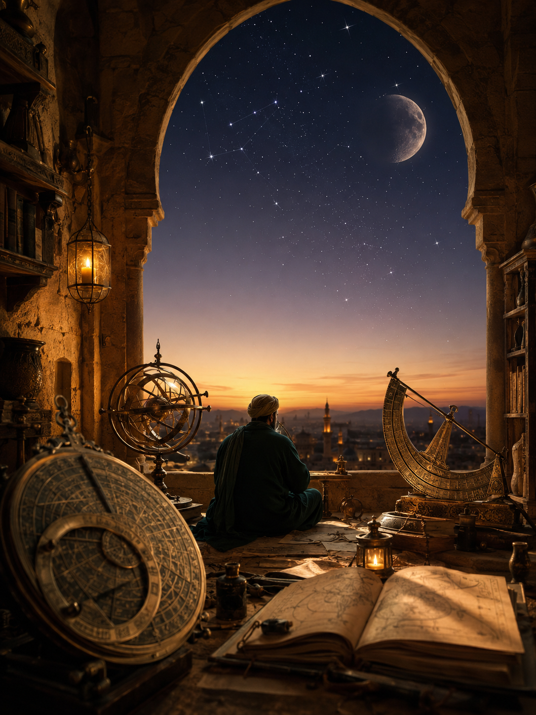 Illustration of a muwaqqit — a historical Islamic mosque timekeeper — surrounded by astronomical instruments as the night sky opens above him